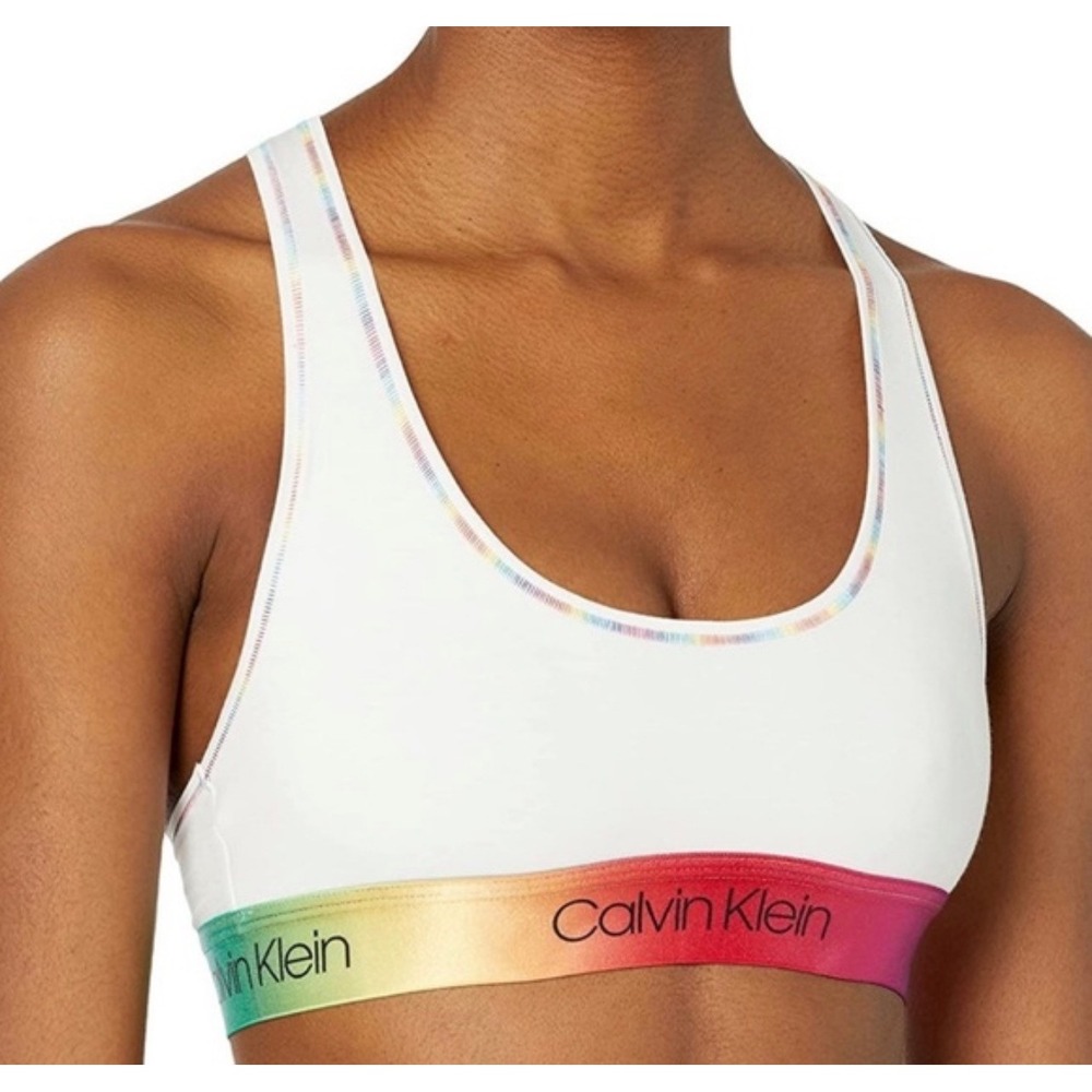 NWT Calvin Klein White Rainbow Trim Racerback Pride Bralette‎ Sports Bra Size S